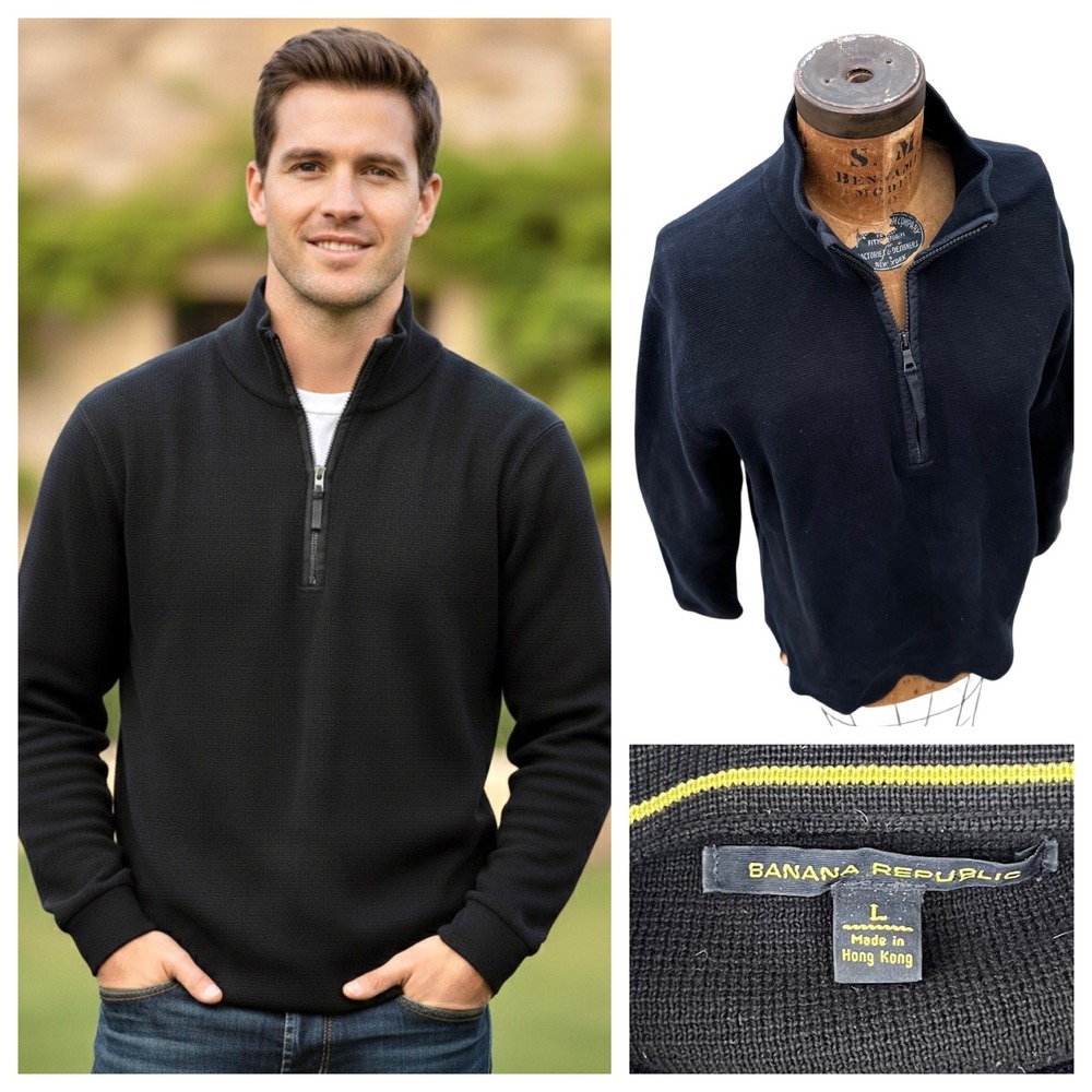 Vintage 90's Banana Republic 1/4 Zip Sweater Men Elbow patch Cotton Black Large‎